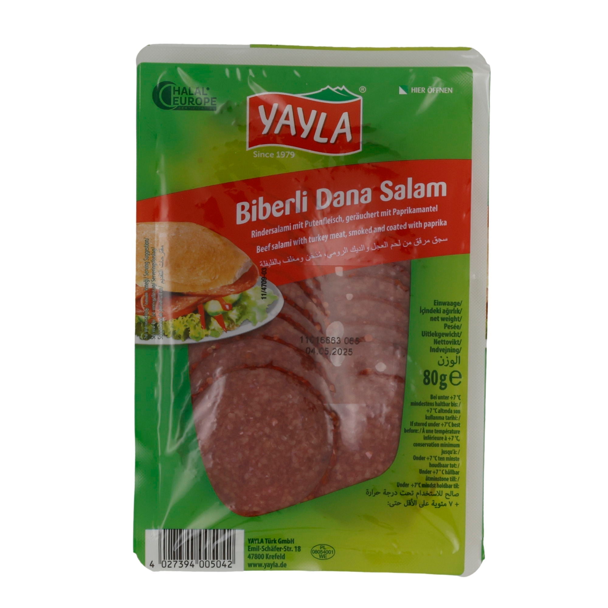 Salam Yayla | Biberli Dana Salam | halal-zertifizierte Rindersalami mit Paprikamantel | 80 g YAYLA